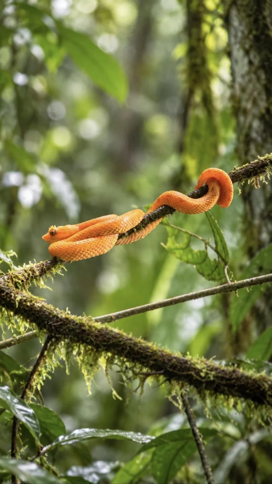 Orange eyelash pit viper coiled on a branch at night, Arenal rainforest