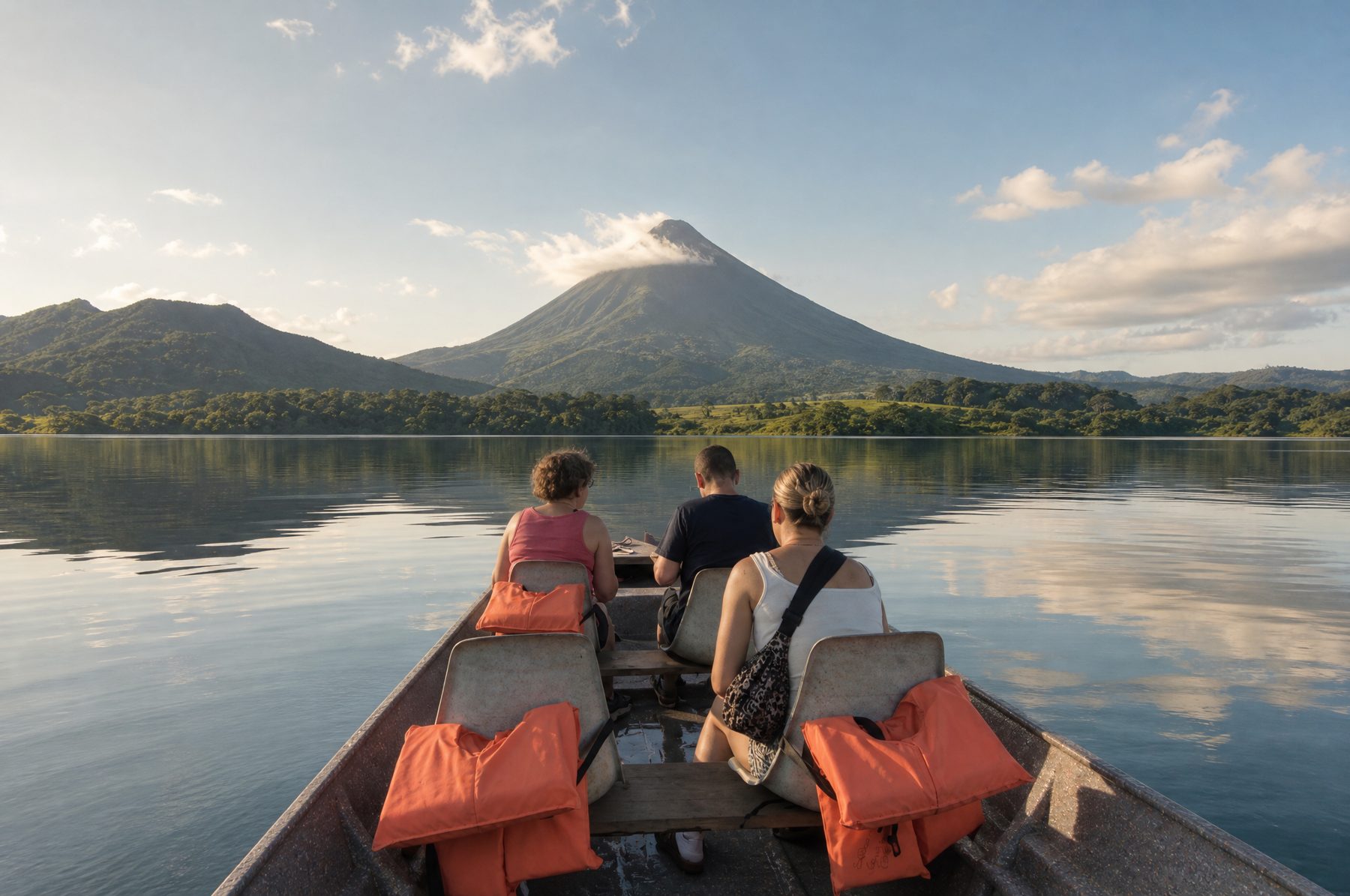 Boat crossing Lake Arenal with the volcano behind