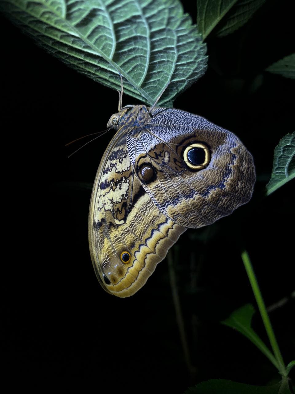 Owl butterfly roosting under a leaf at night — Ecocentro Danaus, La Fortuna